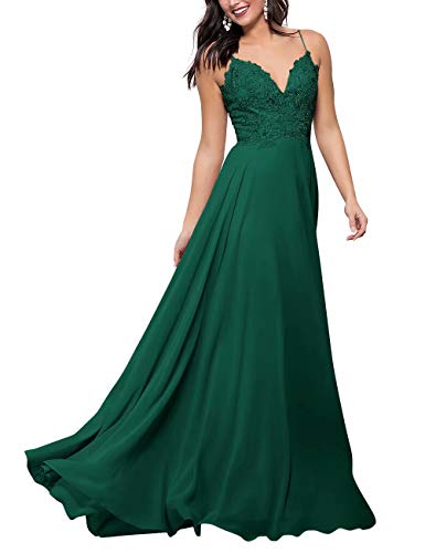 Lilibridal V-Neck Prom Dress Spaghetti Strap Lace Applique Bridesmaid Dresses Chiffon Women's Formal Dresses (Emerald Green,18w)
