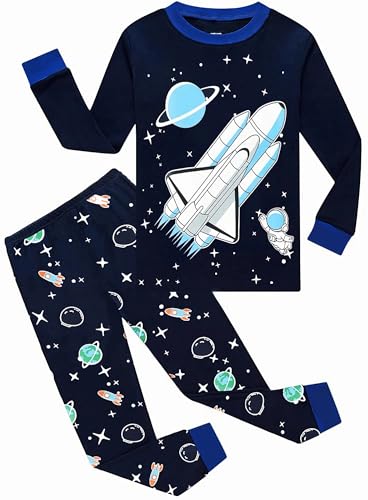 CM-Kid Pyjama Set Jungen Schlafanzug Lang Kinder Baumwolle Winter Nachtwäsche 4 5 Jahre Fluoreszenz Rakete Dunkelblau Gr.110
