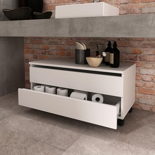 Balcão Gabinete Gaveteiro Multiuso 80 cm 2 Gavetas 4 Rodízios Para Banheiro Branco