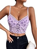 SweatyRocks Women's Floral Lace Crop Cami Top Spaghetti Strap V Neck Bustier Cami Top Lilac Purple M