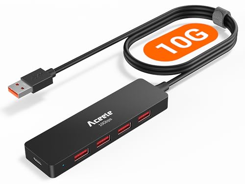 Aceele Hub USB A 3.2 Gen 2 con 4 USB-A Puertos & Tipo C Carga, 10Gbps USB Ladron con Cable de 120cm de Largo Concentrador de Datos 3.2 para MacBook, Portátil, PC, Xbox, PS5, HDD Móvil y Más