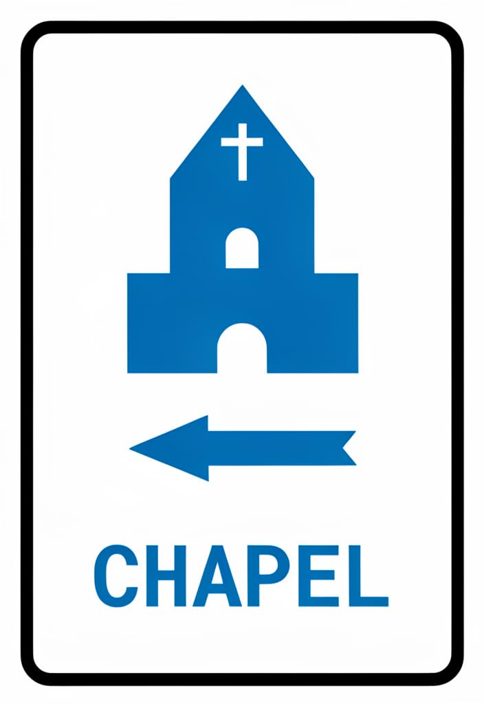 peiyeety Chapel Direction Tin Sign 12x8 Inch – Blue Church Icon & Left Arrow Metal Wall Decor, Vintage-Style Religious Wayfinding Plaque for Home, Office, Church Hallway, Man Cave Gift