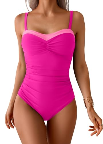 One Piece Swimsuit Tummy Control Color Block Bathing Suits for Women Ruched Slimming Swim Suit Tie Back