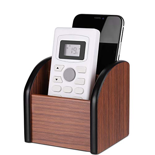 Flexzion Remote Control Holder Wooden Desktop Organizer 2 Compartment Wood Box TV Control Table Storage Caddy for Desk, Kitchen, Office Pencil Supplies, Coffee Table, Cherry Brown