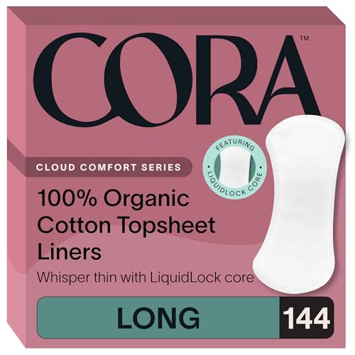 Image of Cora 100% Organic Cotton Topsheet Period Liners (144 Long Period Liners) | Extra Thin Breathable Panty Liners, Long Length, Regular Absorbency, Pillow-Soft, Organic Feminine Care
