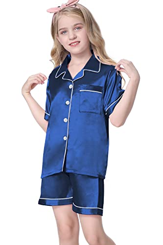 Image of Umeyda Women & Girls Pajamas Set, 2 Piece PJS Satin Silk Sleepwear Button-Down Top with Shorts for Mom Kids Gifts
