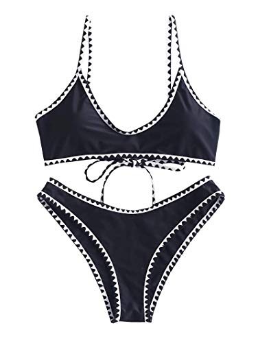 ZAFUL Women's Spaghetti Straps Contrast Trim Two Piece Crochet Bikini Set (Black, S)