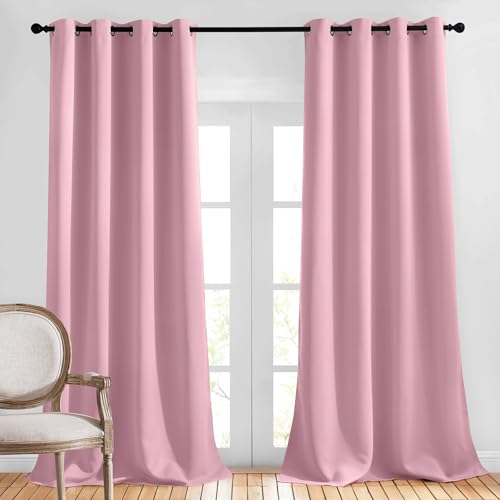 NICETOWN Bedroom Room Darkening Curtains - Triple Weave Grommet Top Thermal Insulated Solid Energy Saving Panels/Drapes for Villa/Hall, Crystal Pink, 1 Pair, 52 inches by 95 Inch