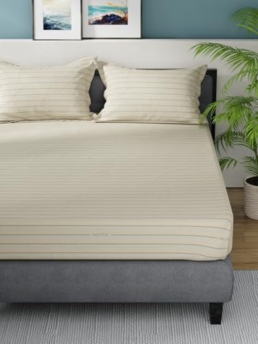 Image of NAUTICA Super Soft 100% Cotton King Bedsheet with 2 Pillow Covers -3pc Set (Bradford) | 160TC | Super Soft Touch Stripe-Coffee /Brown
