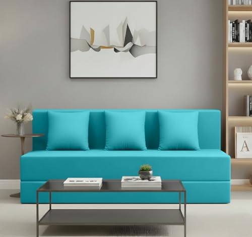 Image of AMATA Instant 3 Seater Foldable Sofa Cum Bed Sky Blue Suede Velvet Fabric with 2 Pillow Perfect for Home Living Office Room and Guests (3 Year Warranty) (Sky Blue, Instant 3 Seater Sofa Cum Bed)