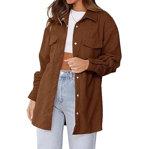 FSHAOES Womens Corduroy Shirts Jacket Casual Snap Button Oversized Long Sleeve Plain Shackets Coats Cover