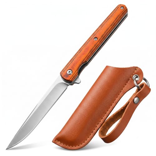 Image of BISONBERG Folding Pocket Knife with Leather Sheath, Wood Handle, long Blade, for Kitchen Use