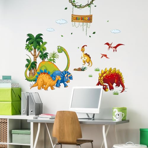 Tanlaby Dinosaur Wall Stickers Cartoon Dino Wall Decal Wild Tree Dino Wall Art Sticker for Boy's Room Kids Baby Nursery Bedroom Playroom Living Room Wall Decor - Image 4