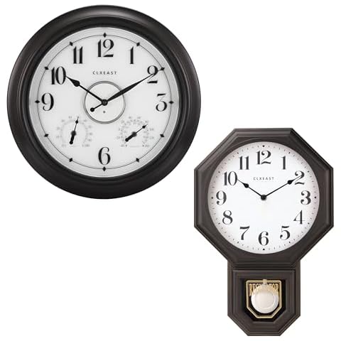 CLXEAST Illuminated Indoor Outdoor Clocks Waterproof 18 inch+Plastic Pendulum Wall Clock,Schoolhouse Regulator Clock with Pendulum,Oil Rubbed Bronze Black,12" W x 17" H Cover