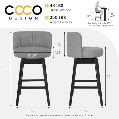 Image of COCO DESIGN Swivel Bar Stools Set of 6, 30 inch Bar Height Mid Century Modern Barstools with Back, Linen Upholstered Seat and Solid Wood Legs, for Bar Kitchen Island, Smoke Gray