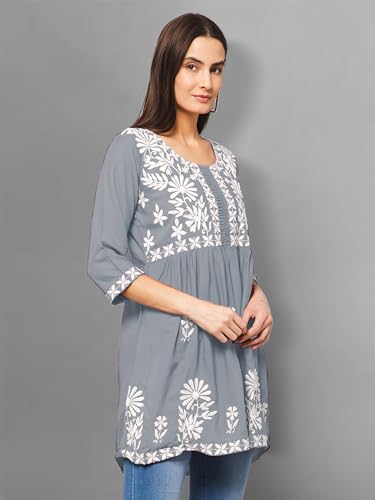 Image of Winza Designer Rayon Chikankari Embroidered Short Kurti | Plus Size Kurta Tunic Top