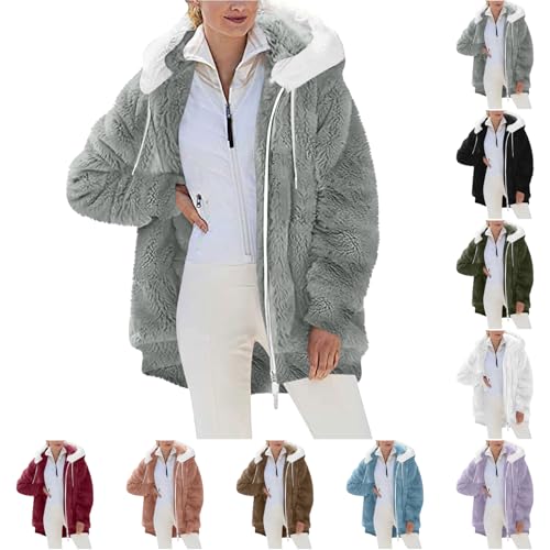 Winter Coats for Women Long Sleeve Hooded Zip Up Jacket Fuzzy Fleece Drawstring Warm Hoodies with Pockets - Main Image