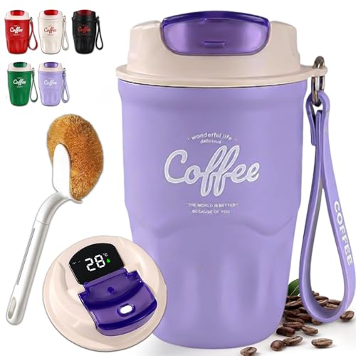 Image of Coffee Vacuum Flask, Portable Coffee Cup with Lid & Handle, Stainless Steel Insulated Water Bottle for Home, Office, and Outdoor Use, Insulated Travel Drinkware, Travel Coffee Mugs (Purple,Smart)
