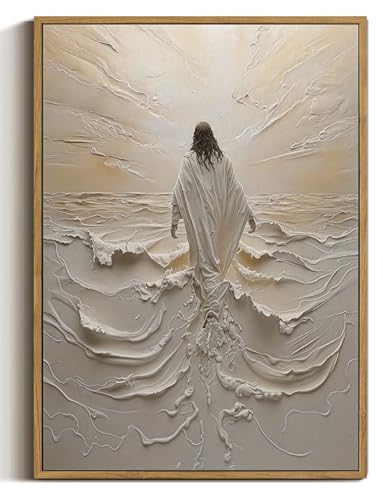 ZZTCYSU Jesus Canvas Wall Art Christian Framed Wall Art Jesus Walking on Water Back Modern Bible Print Religious Faith Artwork Decor for Living Room Bedroom Church 16"x24" Framed