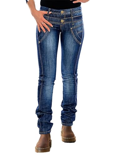Flamingals Straight Leg Jeans for Women Mid Rise Causal Layered Waist Wash Stitch Detail Jeans