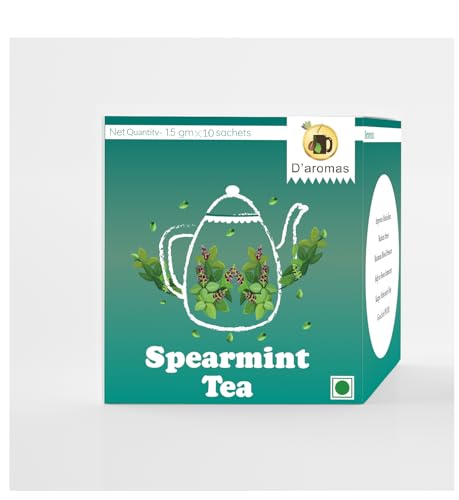 Image of D'aromas Spearmint Tea Bags | Pure spearmint Infusion | Cool & Refreshing Mint Flavor | Soothing Aroma | 10 Tea Bags (1.5g Each) | D'aromas Herbal Tea
