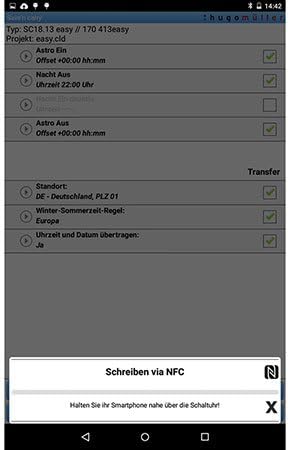 Screenshot of the Müller Save'n Carry app showing NFC write prompt