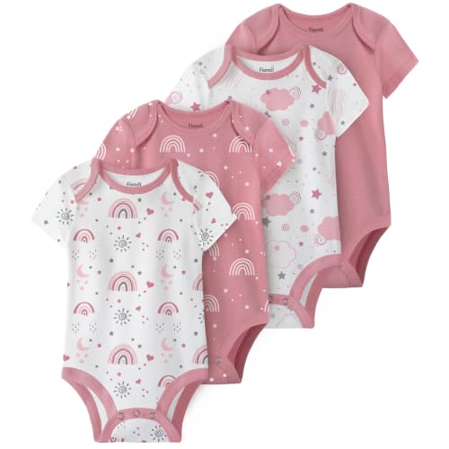 FIEMOL Baby Bodysuits (4 Pack) - 100% Cotton Soft Short Sleeve Infant Body Suits for Boys & Girls, 0-3 Months, Pink Rainbow