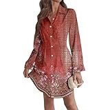 Generisch Blusenkleid Damen Herbst Hemdkleid V-Ausschnitt Herbstkleid Damen Lockeres Shirtkleid Langarm Blumenkleid Boho Elegant Hemdblusenkleid mit Tasche und Knopf Freizeitkleid Knielang