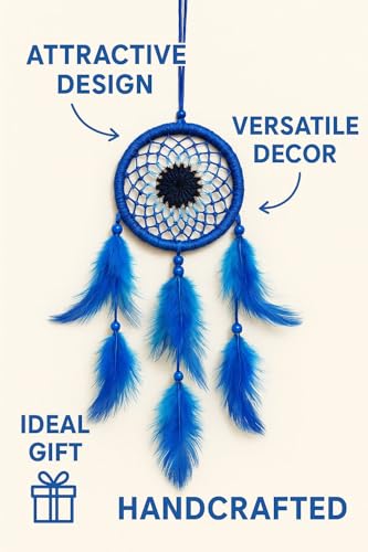 Image of Handmade Evil Eye Dream Catcher for Car & Home Decor - Blue Feather Hanging Ornament for Protection, Positive Vibes & Interior Decoration
