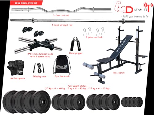 Image of DREAM FIT PVC Home Gym Set - 90 Kg with 8in1 Gym Bench, 3 ft Curling Rod, 5 ft Straight Rod, 1 Pair Dumbbell rods and Gym Accessories (90kg)