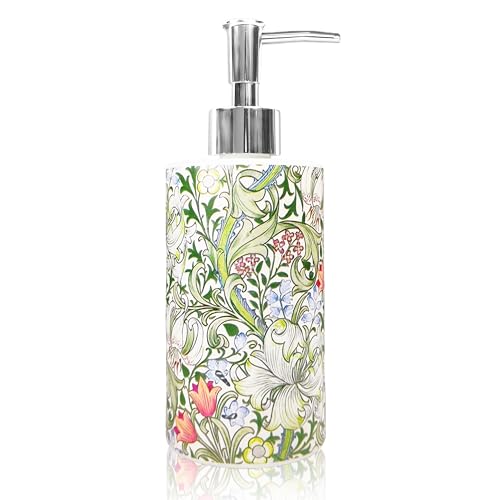 Mezeathos Greenery Floral Soap Dispenser Vintage William Morris Glass Dispenser with Silver Pump Refillable Botanical Liquid Soap Container for Farmhouse Home Kitchen Bathroom Countertop Decor