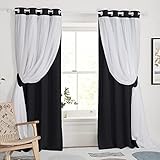 PONY DANCE Black Curtains for Bedroom - Decorative Window Curtains Double Layered Blackout Drapery White Crushed Sheers Panels Set for Living Room, 52 W x 84 L, Set of 2