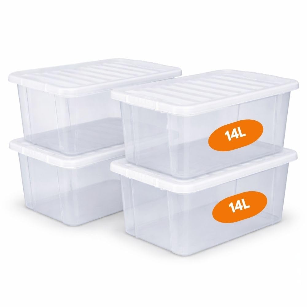 Marco Paul Interiors Clear With Black Lids Marco Paul 4 Pack 14L Storage Boxes With Lids Clear Plastic Storage Containers Stackable Storage Bins With Lids Space Saving Storage Box Organiser For Clothes Toys Kitchen Cupboard Garage Home