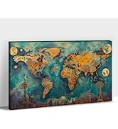 ANRUOXI - Teal World Map Canvas Wall Art, Modern Abstract World Map Picture Wall Decor, Simple Ma...