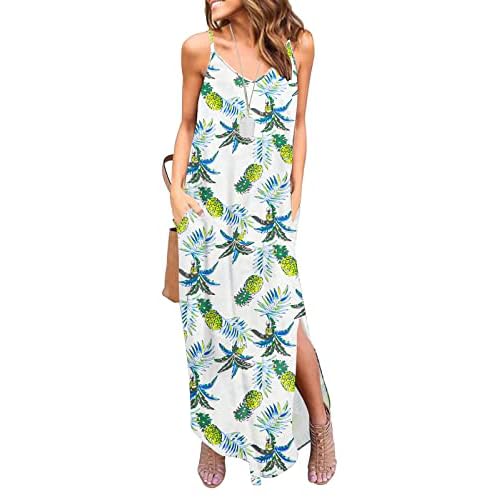 HUSKARY Women's Summer Casual Sleeveless V Neck Strappy Split Loose Dress Beach Cover Up Long Cami Maxi Dresses with Pocket X-Small Army Green