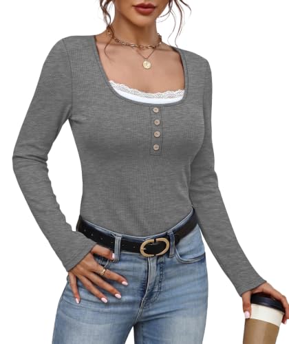 WIHOLL Women's Ribbed Long Sleeve Lace Trim Fall Tops
