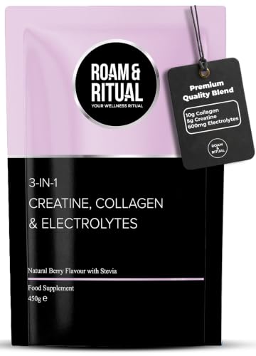 Creatine and Collagen Powder with Electrolytes - 450g | Natural Berry Flavour | Collagen Creatine and Electrolyte Powder with Hyaluronic Acid | UK Made All-in-One Supplement by Roam & Ritual