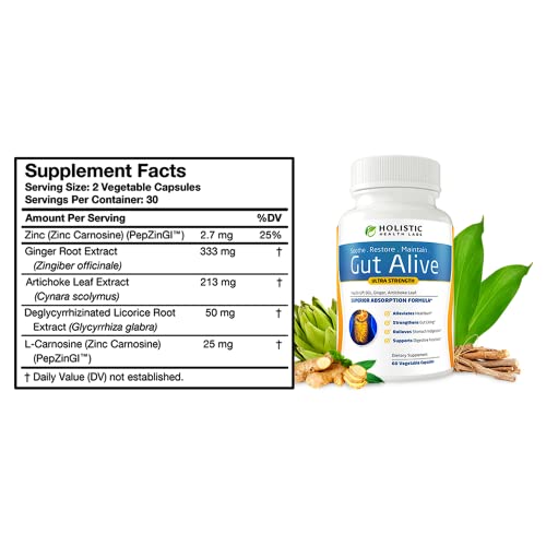Image of Holistic Health Labs Gut Alive - All Natural Support to Fight IBS, Heartburn, Acid Indigestion, Acid Reflux, Bloating & Gas. Unique Formulation (60 Count (Pack of 2))