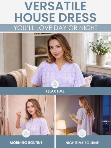 Image of Casual Nights Women's Snap - Front House Dress Short Sleeve Woven Housecoat Duster Lounger Robe with Pockets
