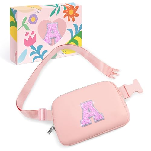 COSHAYSOO Pink Belt Bag Initial Fanny Pack Crossbody Purse for Girls 5-7 6-8 8-10 10-12 Personalized Birthday Gifts for Daughter Big Little Sister Tween Flower Girl Girly Stuff Letter A