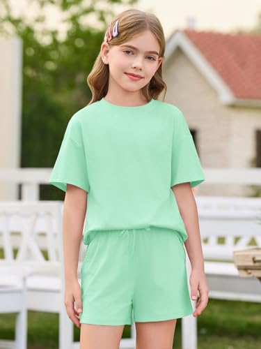 Image of Haloumoning Girls Summer 2 Piece Outfits Kids Oversized T Shirts and Shorts Clothing Sets 5-14 Years