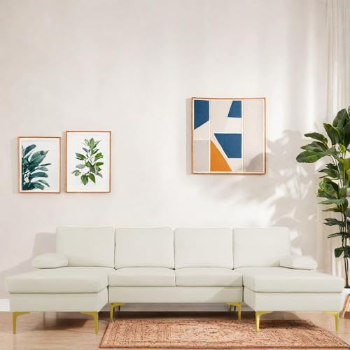 GlasFlength Sectional Couches for Living Room Furniture Sets, 4 Seat U Shaped Sectional Couch with Storage, Adjustable Couch with Armrests and Ottoman for Apartment, White