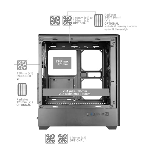 Mars Gaming MC-Quantum, Gabinete para PC Gaming ATX, Frente de malla con tiras LED ARGB, Vidrio templado lateral completo, 4 ventiladores FDB de 120 mm, soporte para refrigeración líquida hasta 240 mm, USB-C, Negro miniatura 5