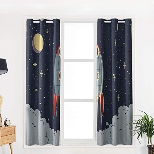 Miniatura 5 de Juego de 2 paneles de cortinas para ventana, diseño de cohetes y espacio exterior, diseño de dibujos animados, para sala de estar, dormitorio, luna,