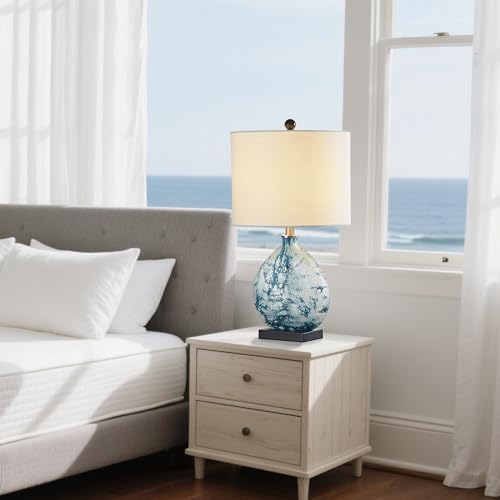 Maxax 24" Coastal Glass Table Lamp, 3-Way Dimmable Blue Glass Bedside Lamp with White Drum Shade for Living Room Bedroom Nightstand - Image 7