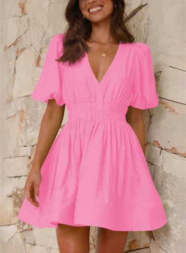 Image of Outfeel Women 2025 Summer Mini Dress Puff Short Sleeve Sexy V Neck A Line Elastic High Waist Flowy Swing Dresses
