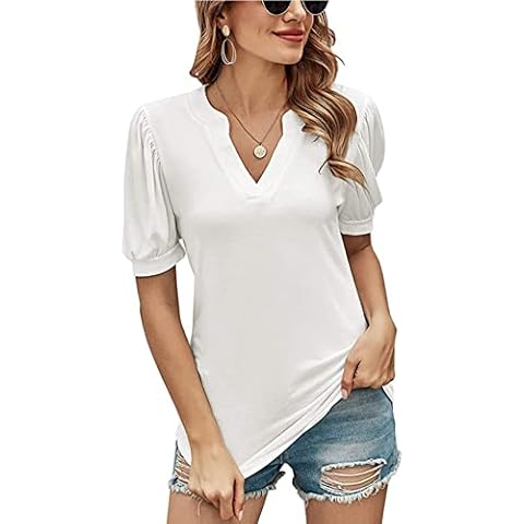 es-uk Women's Casual V Neck Puff Short Sleeve Solid Colour T Shirt Tops (White, L) Cover