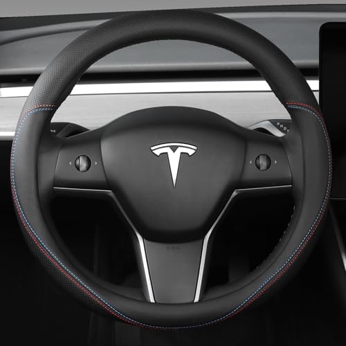 Leather Steering Wheel Cover Custom-Fit for Tesla Model 3/Y 2016-2026, Comfort Grip Design Breathable and Non-Slip, Model 3/Y Car Steering Wheel Protector, Tesla Accessories,Black(C-Style, for Tesla) by GJTZXF - Used condition - US$18.50