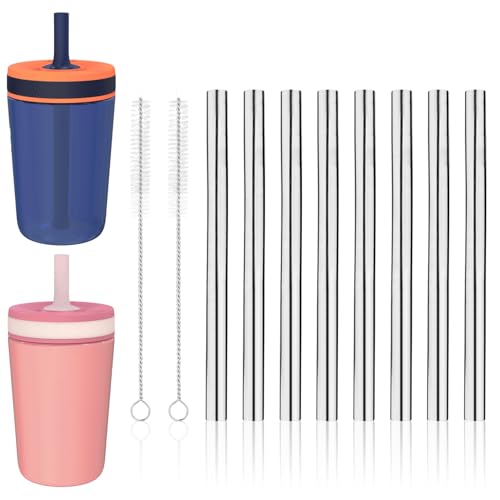 Image of 8pcs Metal Straw Replacement for Zak Designs Kelso 15oz Water Bottle with 2 Cleaning Brush, 11.8cm/4.65in Reusable Stainless Steel Straws Compatible with Zak 12oz Stainless Steel Sippy Cup