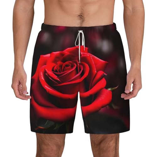 Red Rose Men's Soft Double Swim Shorts, Lounge Swiming Shorts Pants Breathable Summer